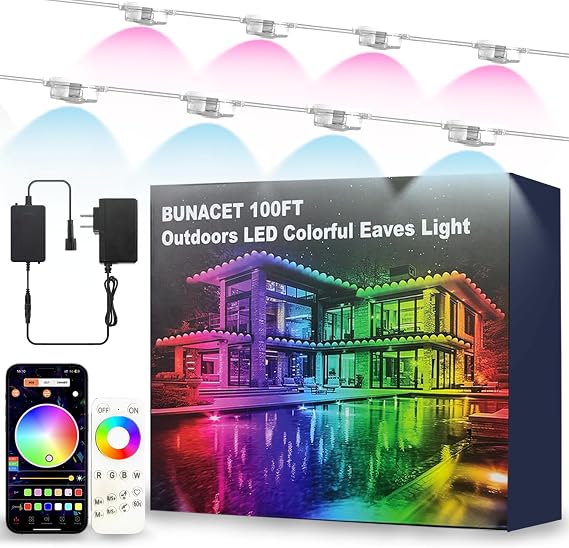 100FT Permanent Outdoor Lights, IP68 Waterproof Outdoor RGBW LED Eaves Lights 50LEDs with Smart App Control, Music Synchronization for Christmas Garden Party Holiday House Decorations