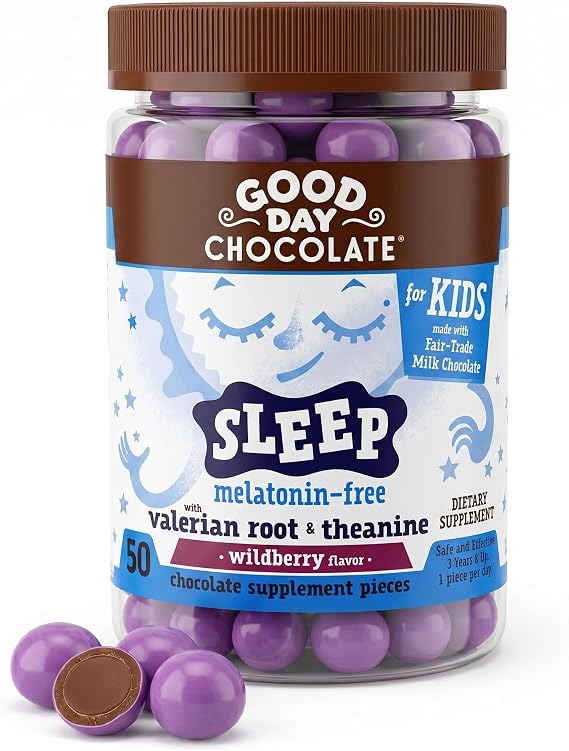 Good Day Chocolate Natural Valerian Root for Kids, Herbal Sleep Supplement, Organic Wildberry Flavor, Fair Trade and Non-GMO Chocolate, L-Theanine, 50 Pieces