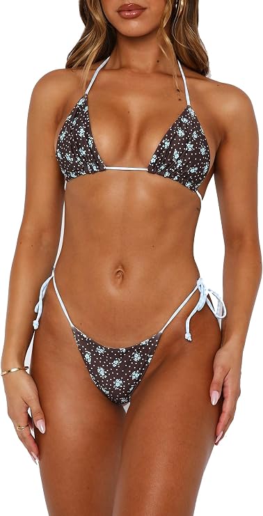 Women Sexy Brazilian Bikini Set 2 Piece Spaghetti Strap Halterneck Bra Top Tie Side Thong Swimwear Bathing Suit