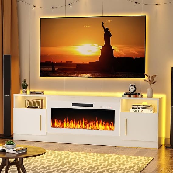 BOSSIN Fireplace TV Stand with 36" Electric Fireplace, LED Light Entertainment Center for TVs up to 80 Inch, Media Console with Storage Cabinet, Modern Wood Texture, 70 Inch White