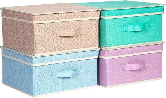 BrilliantJo Storage Boxes with Lid Foldable Clothes Storage Basket with Handle for Books Closet Bedroom Home 4 Rainbow Colours Set 33.5 x 31.75 x 17.5 cm