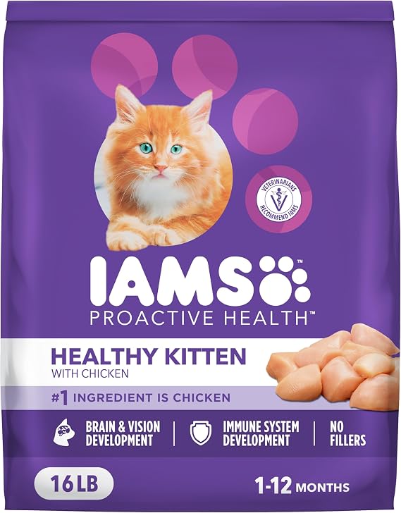 IAMS Proactive Health Healthy Kitten Dry Cat Food, Chicken, 16 lb | Veterinarian-recommended, real chicken #1 ingredient, Omega-3 DHA & taurine, supports digestion, skin health, immune system