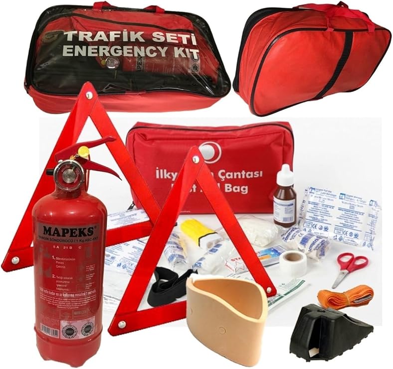Erkaotomotiv Trafik Seti Pro, 1kg Yangınsöndürücü, İlk Yardım Seti, Reflektör, Takoz, Çeki Halatı, Kırmızı