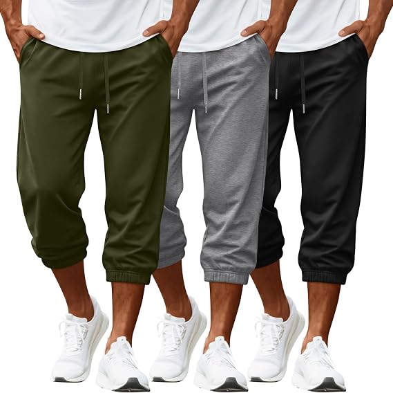 3 Pack Mens Capri Pants 3/4 Joggers, 3-Color, Large | Below Knee Sweatpants, Athletic Shorts, Casual, Drawstring, with Pockets, Multi Pack, for Workout, Running, Walking, Gym