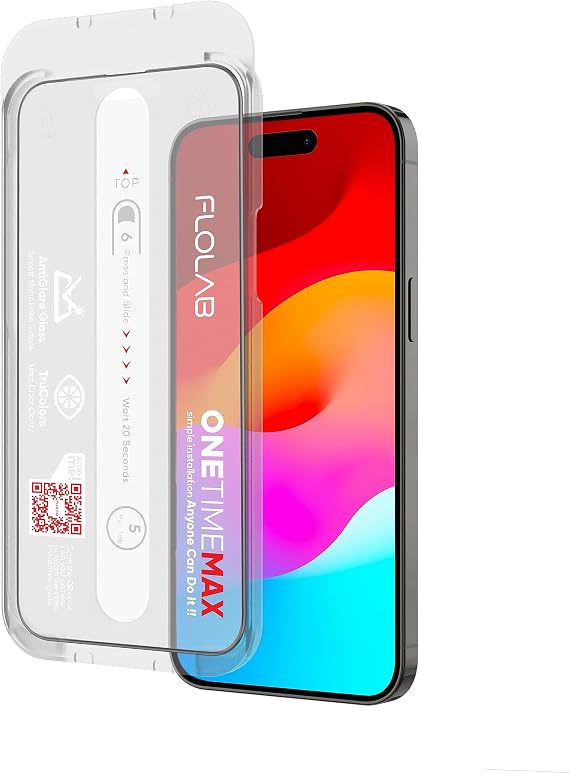 FLOLAB NanoArmour ONETIME MAX for iPhone 14 Pro / 15 Screen Protector Anti Glare Military-Grade Tempered Glass - Reinforced Edge, Durable, Smooth, Easy to Install, . (Dust Free)