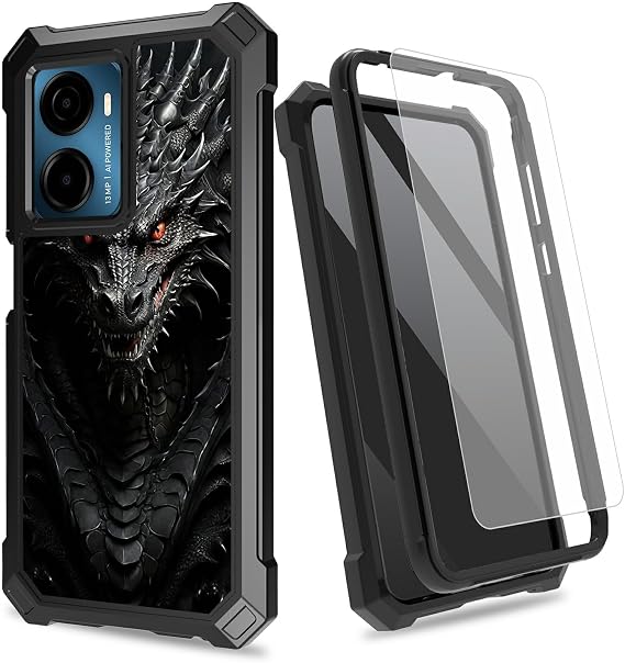 Black Face Dragon for Cricket Magic 2 5G 2024 Case w/Tempered Glass Screen Protector, 2 Layers Rugged Shockproof PC Frame + Soft Silicone Bumper Phone Case for ATT Propel 2 5G U655AA