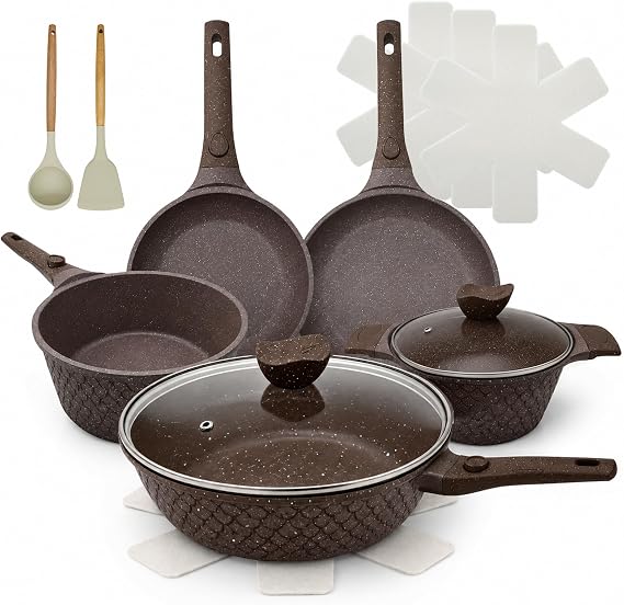 15-Piece Pots and Pans Set, Non Stick with Detachable Handle, Nonstick Cookware Sets, Kitchen Cooking Set, Camping Cookware, Dishwasher & Oven Safe, Brown(Fish Scale Shaped)