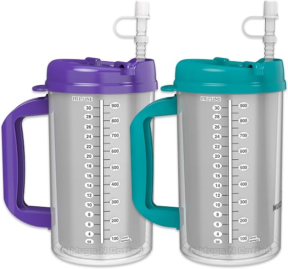 Mugs N Coffee 32 oz Travel Mugs Purple and Teal Hospital Mugs for Cold Drinks Double Wall, Large Handle BPA-Free, Leak-Resistant Includes Lids and Straws Made in USA