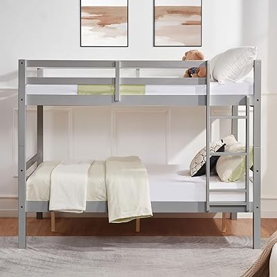 Full Over Full Bunk Bed with Thick Posts, Solid Wood Bunk Bed with High Guardrail and Ladder for Kids, Teens, Dorm Rooms, and Guest Rooms, No Box Spring Needed, Grey
