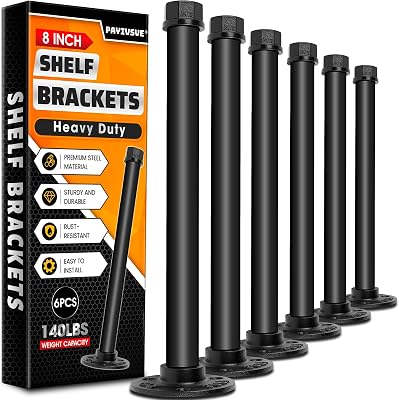 Industrial Pipe Shelf Brackets 8-Inch, Black Floating Shelf Bracket Heavy Duty Decorative Rustic Shelving Hardware, 6 Pack