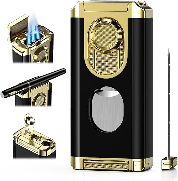 All in one Butane Torch Lighter with Straight Shear, Punch, Holder, Draw Enhancer Tool, and Adjustable Triple Jet Flames, Refillable & Windproof Butane Lighter, Cool Lighters, Gift for Men