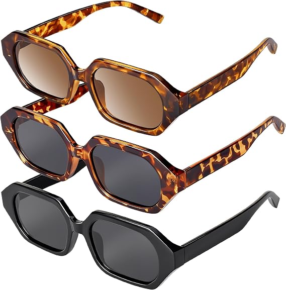 JATEBI 3 Pack Retro Polarized Hexagon Sunglasses for Women Men UV400 Trendy Rectangle Sun Glasses 70s 80s 90s Shades