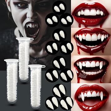 Vampire Teeth, 12 Pairs 4 Size Vampire Fangs with 3 Teeth Glue, Halloween Horror False Teeth Dentures