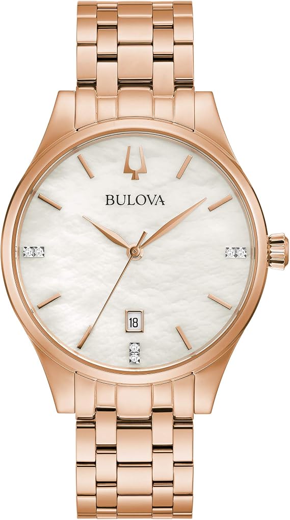 Bulova Women's Classic Diamond Dial Stainless Steel 3-Hand Calendar Date Quartz Watch, Rose Gold, Women's, Diamond, rose gold, Diamond