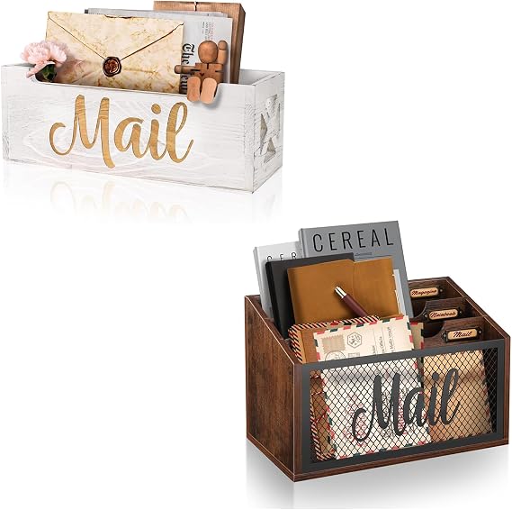 Mail Holder Countertop - Mail Organizer Countertop, Mail Holder Box for Desk, Letter Holder, Mail Tray, Mail Basket for Counter, Rustic Wooden Mail Storage Organizer Wall Mounted