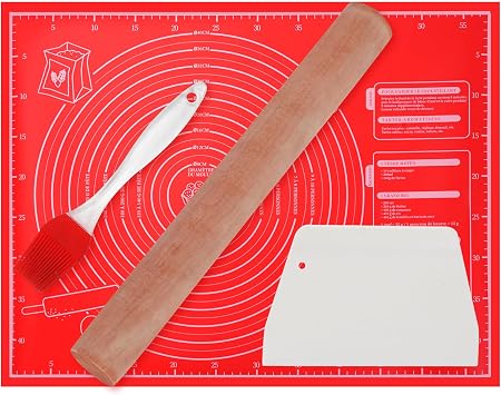 Silicone Baking Mat with Measurement, Non-Slip Pastry Mat, Non-Stick Bread Making Tools with Rolling Pin Dough Scraper and Brush for Pastry Bread Cookies Pizza(18x24in)