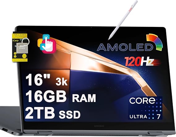 Samsung Galaxy Book4 Pro 360 Laptop 16" 2880x1800 AMOLED Touch (120% DCI-P3) Intel 12-Core Ultra 7 155H 16GB RAM 2TB SSD for Creator Business Professional Win11 ICP Accessory