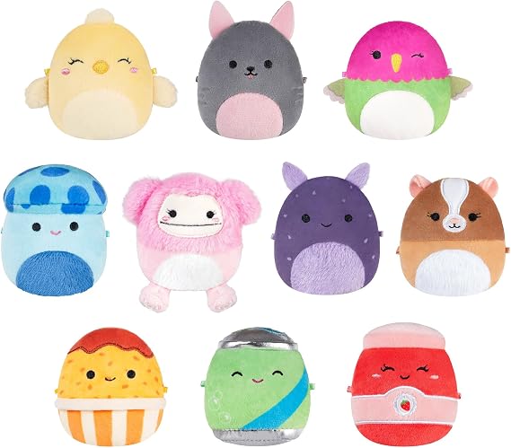 Micromallows Squishmallows Original Plush 10-Pack - 2.5 Inch Plush - Pink Bigfoot, Yellow Chick, Chicken Nugget, Mushroom, Hummingbird, Grey Dog, Green Soda, Guinea Pig, Strawberry Jam, Sea Bunny
