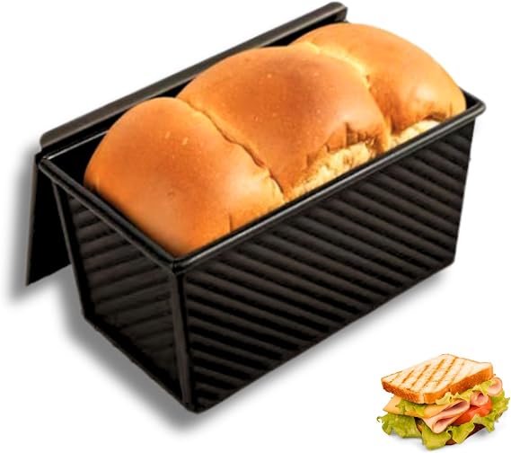 Loaf Tin with Lid, 1lb(450g) Bread Loaf Tin, Non Stick Sandwich Bread Tins with Slide Cover, Steel Toast Cakes Pan Breads Tins for Baking, Black