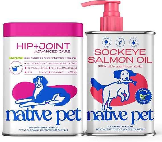 Native Pet Active Joints & Radiant Coat Pack: Hip & Joint Supplement for Dogs - Supports Joints, Cartilage, Muscles & Anti-Inflammatory - 30 Scoops & Salmon Oil for Dogs Pure Omega-3 Fish Oil 8 Oz