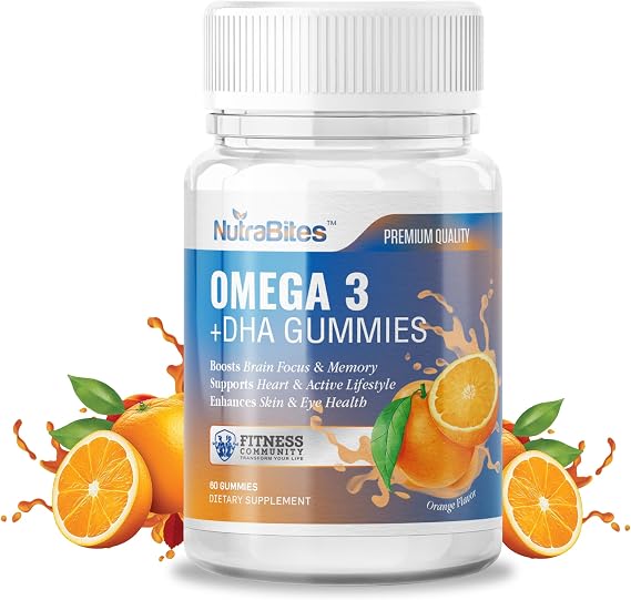 Omega 3 + DHA Gummies - Brain & Heart Support with Fish Oil - Enhances Memory, Focus & Eye Health - Delicious Orange Flavor with No Fishy Taste - Non-GMO & Gluten-Free - 60 Count