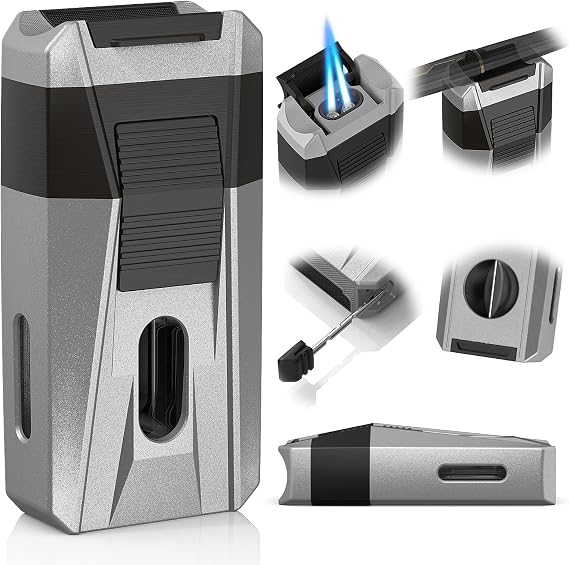 Torch Lighter with V Cutter, Holder, Draw Enhancer Tool, Dual Jet Flame, Windproof Refillable Butane Lighters, All-in-One Cool Lighters Gift for Men, Butane Lighter for Candles, Travel