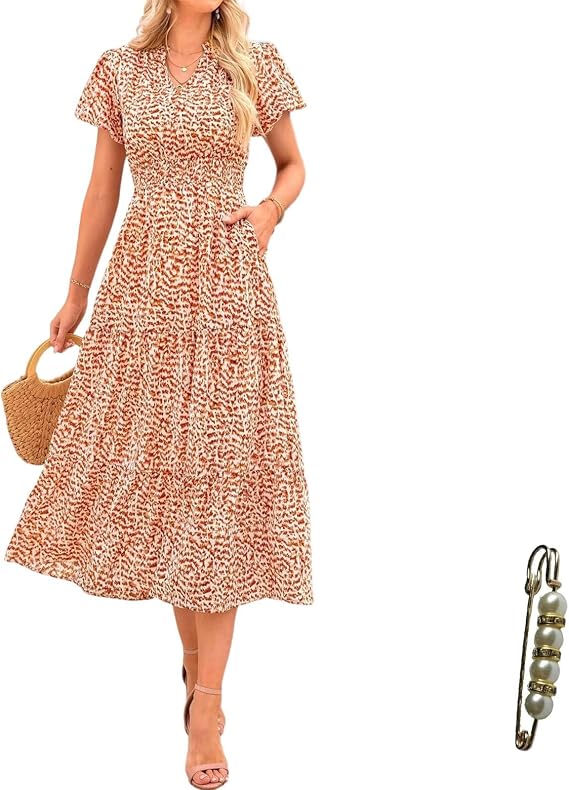 V Neck Floral Midi Dress, Puff Short Sleeve A-Line Dress