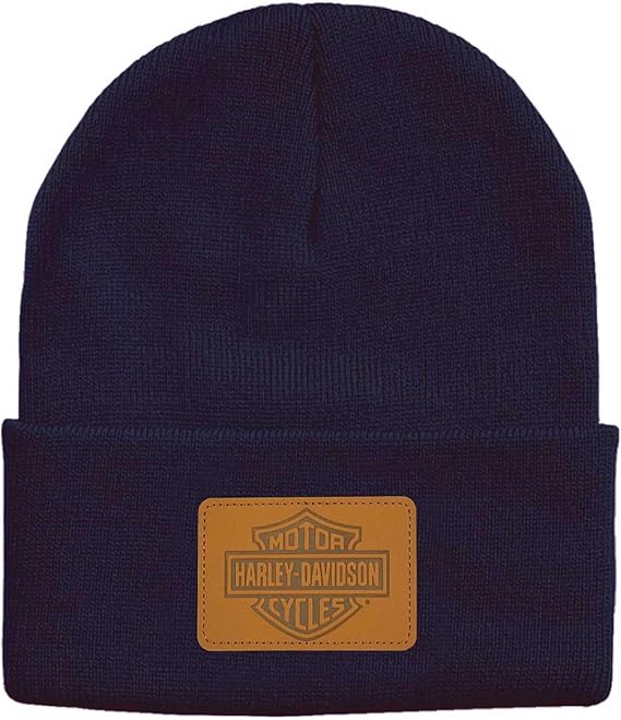 Harley-Davidson Men's Embossed Bar & Shield Logo Patch Cuffed Beanie Hat, Navy