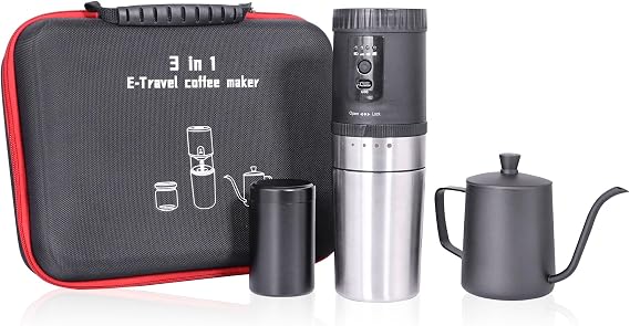 SOTECH 3 in 1 Portable Coffee Maker Set with Electric Burr Coffee Grinder Black Pour Over Kettle Coffee Bean Storage For Travel Hiking Picnic Camping