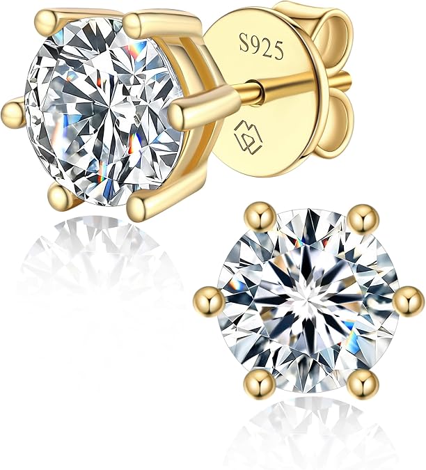 MomentWish Moissanite Earrings for Women, 925 Sterling Silver Hypoallergenic Stud Earrings, 0.6-4 CT Mens White Gold/14K Gold Plated/Rose Gold Studs, Gift for Mom or Wife
