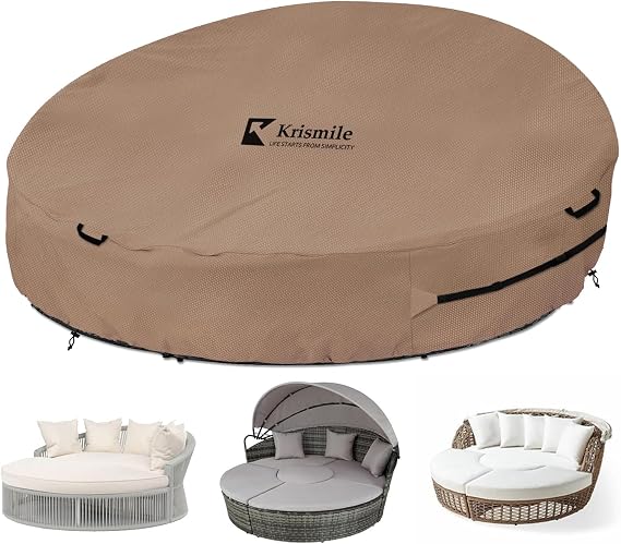 Heavy Duty 600D Waterproof Outdoor Daybed Cover for 75" Round Patio Sofa - UV-Resistant All-Weather Protection Furniture Cover with Air Vent, Fits 75" Dia x 35"/16" H (Brown)
