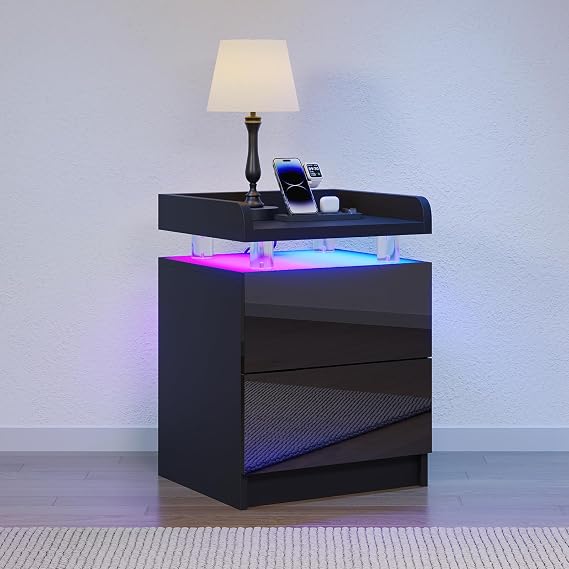 Beside Table with RGB LED Lights, Bedside Cabinet with Charging Station and 2 Drawers, Side Table with USB Ports & Power Outlet, Bed Side Table for Bedroom, Living Room, Black, 1 Pack