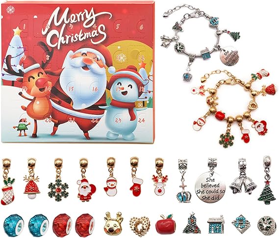 Christmas Advent Calendar Bracelets 2023 for Girls 24 Days Xmas Countdown Calendar DIY Jewelry Making Kit Gift 22 Charm Beads 2 Bracelets for Kids Teens Women (Red)