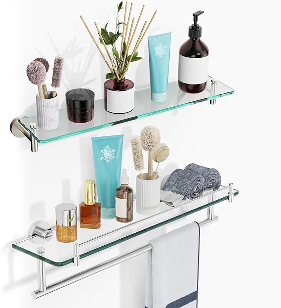 Glass Shelf for Bathroom 2 Pack,20-Inch Floating Glass Shelves Towel Bar/Track(Brushed Nickel)