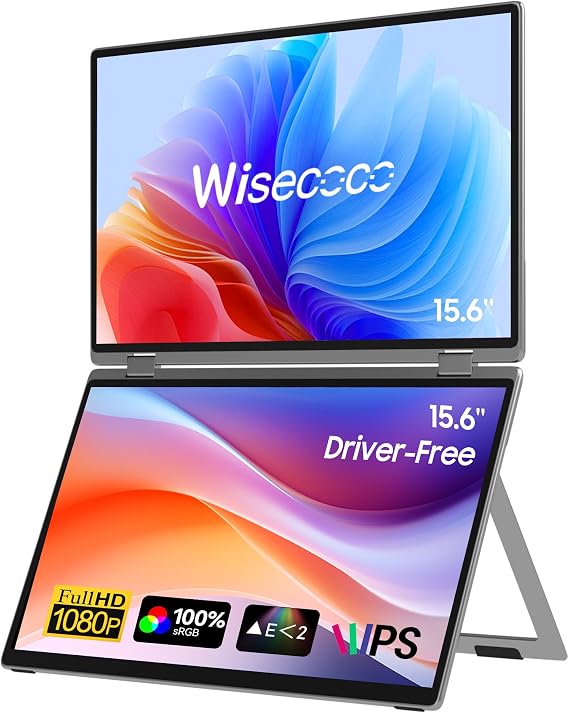 wisecoco 15.6 Inch Dual Screen Monitor Portable Laptop Screen Extender IPS 1080P 360° Foldable Stack Display with Kickstand for HDMI USB-C PC Laptop Gaming Console Windows Mac Driver Free Flip S5