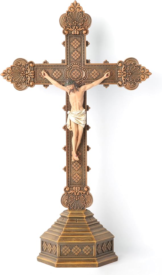BC Catholic Crucifix Standing Cross, Tabletop Crucifix for Altar, Jesus Christ Home Decor, Religious Gift, Realistic Finish, 14.7" H Hand Painted by Buildclassic