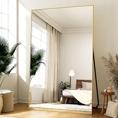 Full Length Mirror with Stand 46x76 Full Body Mirror Floor Mirror Standing Hanging or Leaning Wall, Wall Mirror with Stand Aluminum Alloy Frame for Living Room Bedroom Cloakroom,Gold