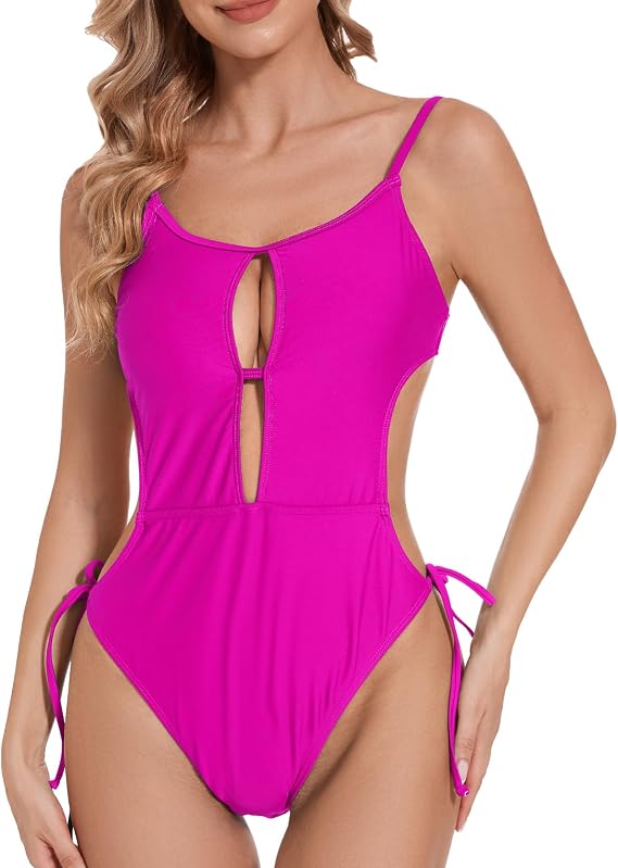 Women's One Piece Swimsuit Cut Out Back Self Tie Adjustable Straps Bathing Suit High Cut Monokini Sexy Swimwear