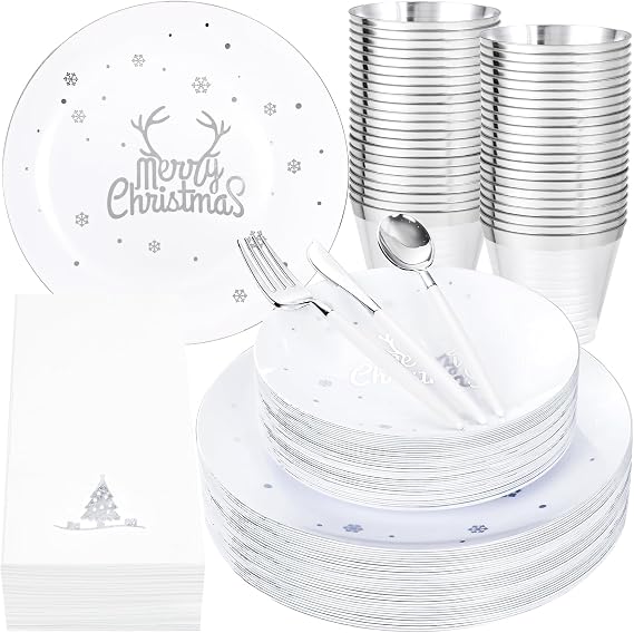 Nervure 175PCS Christmas Plastic Plates - White and Silver Disposable Plates & Silver Plastic Silverware with White Handle include 50 Plates 25Knives 25Forks 25Spoons 25Napkins for Christmas Party