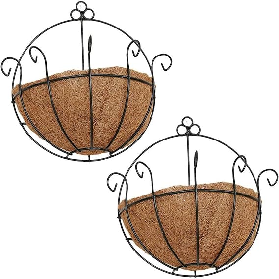 Metal Half Round Wall Planter with Coco Liner, 2-Pack, Hanging Basket for Outdoor Plants, Wall Pot Plants Holder, Fence Hanging Planters Outdoor, Balcony and Porch Decor (10" x 2 Pack)
