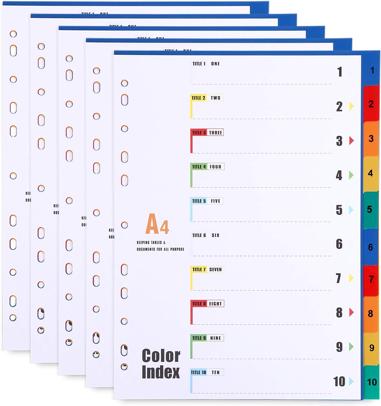 A4 Plastic File Dividers 10 Part Number 1-10 Tabs 5 Pack Multi-Colour Index Tabs A4 Subject Dividers Reinforced 11-Holes for Office Home