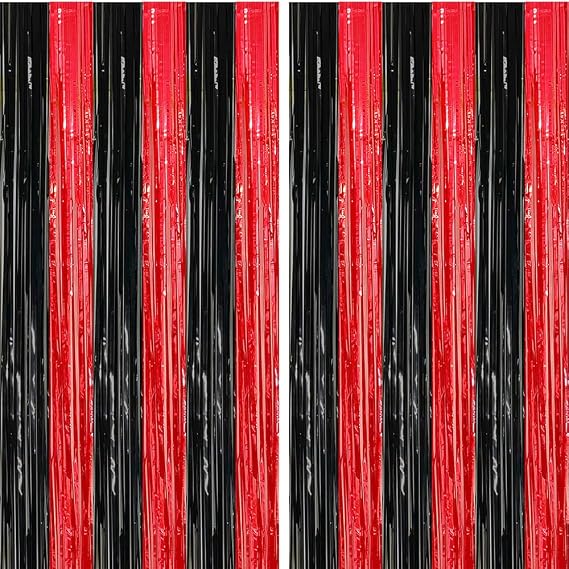 2 Pack Black Red Foil Fringe Tinsel Party Backdrop Curtain | 3.3 x 6.6 ft Metallic Photo Booth Prop Streamer for Birthday Wedding Bachelorette Baby Shower Graduation Decor