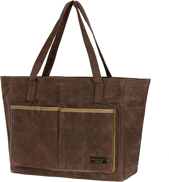 Kaaltisy Waxed Canvas Tote Bag, 16OZ Heavy Duty Grocery Bag with 4 Inner Compartments, Front & Back Pockets for Shopping & Outdoor Activities | Brown | Reusable Canvas Market Tote Bag