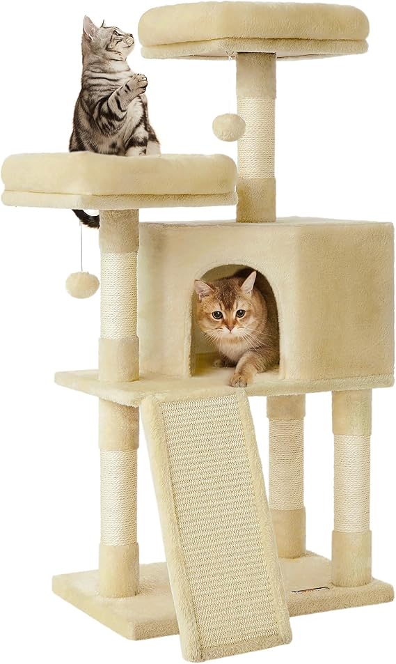 Feandrea Cat Tree, 45.3-Inch Cute Cat Tower, Plush Climbing Condo, Beige | with 4 Sisal Scratching Posts, 2 Perches, Spacious Cave, Scratching Ladder, Toy Balls for Indoor Cats, Easy to Assemble