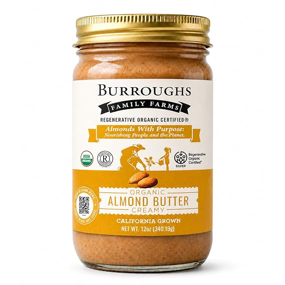 Burroughs Family Farms USDA Organic Creamy Almond Butter, 12 oz No Palm Oil, No Sugar Added, Regenerative Organic Certified, Dairy-Free, Glass Jar