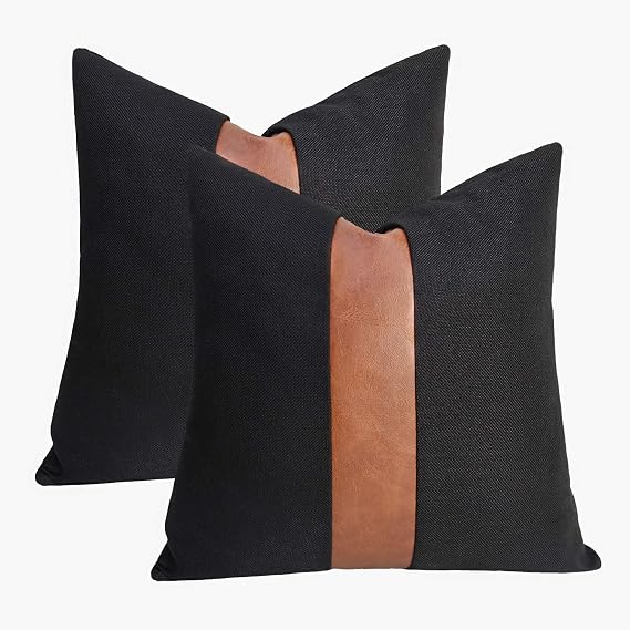 cygnus Black and Dark Brown Leather Throw Pillow Covers 16x16 inch Set of 2 Black Pillow Covers with Faux Leather Accent for Couch Sofa Bedroom Livingroom,Western Modern Home Decor