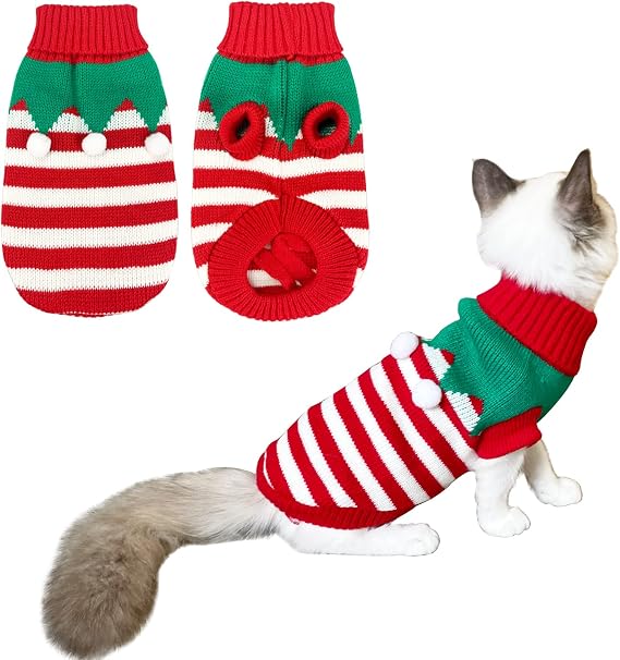 Dog Christmas Sweater Pet Winter Knitwear Xmas Elf Costume Clothes Coats Sweater for Kitty Puppy Cat M