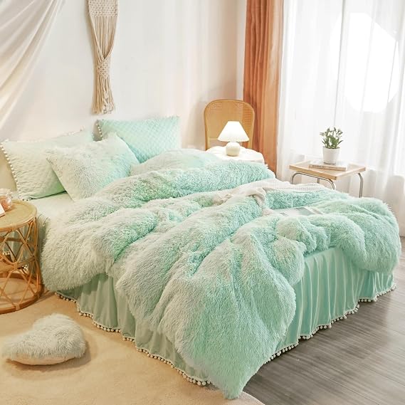 Mint Green Fluffy Comforter, Plush Shaggy Duvet Cover 1 Piece Set (1 Faux Fur Duvet Cover) Velvet Bedding Twin Bed Set, Zipper Closure