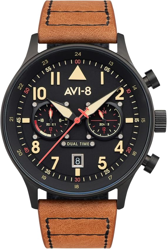 AVI-8 Hawker Hurricane Men's Pilot Watch Dual Time Japanese Quartz Movement, 43.5mm Stainless Steel Case, Leather or Stainless Steel Strap, AV-4088
