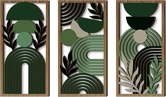 BRTNUP 3PCS Boho Wall Art Set, Green Series Wooden Wall Art,Boho Home Decor | Wooden Wall Decoration for Living Room Bedroom Hallway,Bohemian Botanical Hanging Art,Modern Farmhouse Geometric Wall Hanging